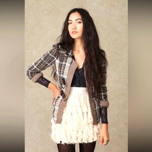 FREE PEOPLE ~ Brown Plaid Knit/Tweed Shacket with Buckle Details size 6